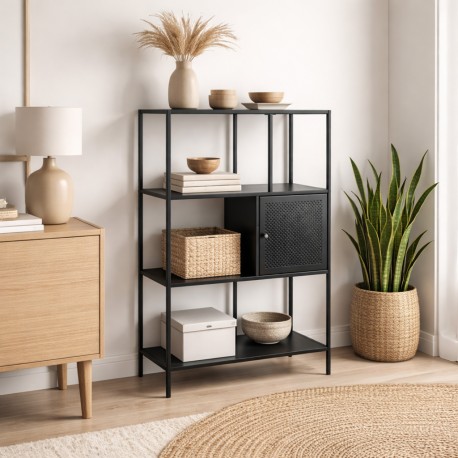 SCAFFALE 4 RIPIANI NERO CON CASSETTO