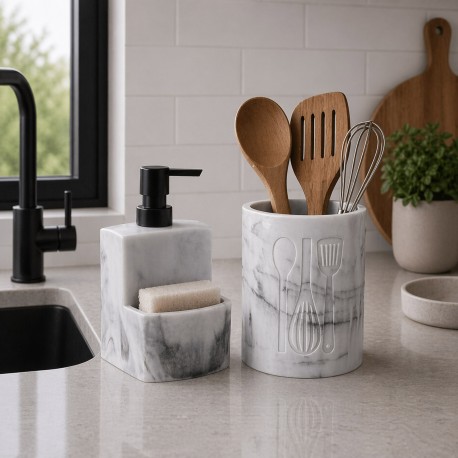 DISPENSER MARMO BIANCO CON PORTA SPUGNA